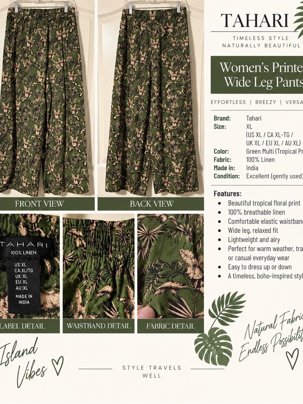 Tahari Green Multi Tropical Print Wide-Leg Linen Skirt
